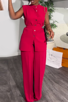 Red Casual Solid Color Buckle With Belt O Neck Sleeveless Two Pieces