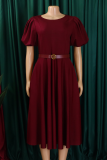 Dark Purple Elegant Solid Color Pocket With Belt O Neck Long Dresses