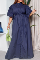 Deep Blue Casual Solid Color Buckle Strap Design O Neck Long Dresses