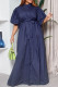 Deep Blue Casual Solid Color Buckle Strap Design O Neck Long Dresses