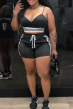 Black Sexy Casual Strap Design Contrast Spaghetti Strap Sleeveless Two Pieces