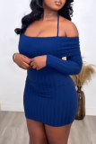 Blue Sexy Solid Color Halter Wrapped Skirt Dresses