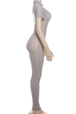 Grey Sexy Solid Color See-Through Backless O Neck Skinny Jumpsuits