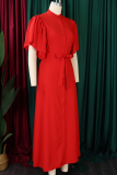 Tangerine Casual Solid Color Buckle Strap Design O Neck Long Dresses