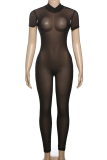 Grey Sexy Solid Color See-Through Backless O Neck Skinny Jumpsuits