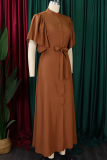 Tangerine Casual Solid Color Buckle Strap Design O Neck Long Dresses