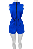 Blue Casual Solid Color Draw String Zipper Zipper Collar Regular Rompers