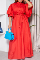 Tangerine Casual Solid Color Buckle Strap Design O Neck Long Dresses