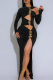 Black Sexy Solid Color Hollow Out Metal Accessories Trim High Slit O Neck Long Dresses