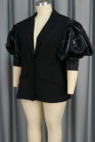 Black Casual Solid Color Buttons Turn-back Collar Tops