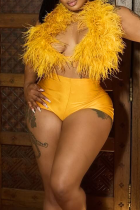 Yellow Sexy Solid Color Feathers Cardigan Collar Sleeveless Two Pieces