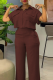 Brown Casual Solid Color Buckle Turndown Collar Short Sleeve Two Pieces