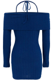 Blue Sexy Solid Color Halter Wrapped Skirt Dresses