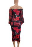 Black Elegant Print Off Shoulder Long Dresses