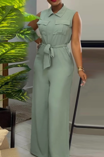 Green Casual Solid Color Pocket Strap Design Turndown Collar Loose Jumpsuits