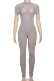 Grey Sexy Solid Color See-Through Backless O Neck Skinny Jumpsuits
