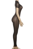 Grey Sexy Solid Color See-Through Backless O Neck Skinny Jumpsuits