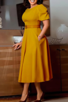 Yellow Elegant Solid Color Pocket With Belt O Neck Long Dresses