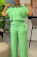 Green Casual Solid Color Buckle Turndown Collar Short Sleeve Two Pieces