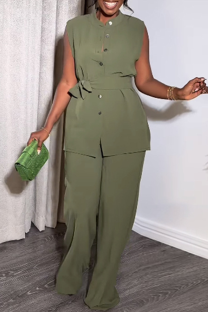 Green Casual Solid Color Buckle With Belt O Neck Sleeveless Two Pieces