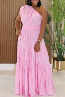 Pink Casual Solid Color Patchwork Oblique Collar Long Dresses