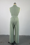 Green Casual Solid Color Pocket Strap Design Turndown Collar Loose Jumpsuits