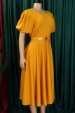 Dark Purple Elegant Solid Color Pocket With Belt O Neck Long Dresses