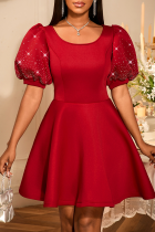 Burgundy Elegant Solid Color Beading O Neck Evening Dresses