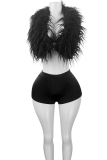 Yellow Sexy Solid Color Feathers Cardigan Collar Sleeveless Two Pieces