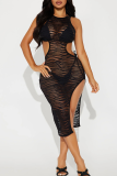 Black Sexy Solid Color Hollow Out O Neck Sleeveless Three Pieces