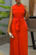 Orange Red Casual Solid Color Pocket Strap Design Turndown Collar Loose Jumpsuits