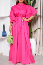 Rose Red Casual Solid Color Buckle Strap Design O Neck Long Dresses