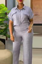 Grey Casual Solid Color Buckle Turndown Collar Short Sleeve Two Pieces