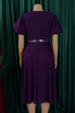 Dark Purple Elegant Solid Color Pocket With Belt O Neck Long Dresses
