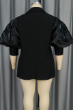 Black Casual Solid Color Buttons Turn-back Collar Tops