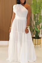 White Casual Solid Color Patchwork Oblique Collar Long Dresses