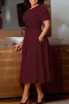 Burgundy Elegant Solid Color Pocket With Belt O Neck Long Dresses