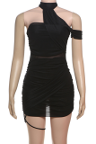 Black Sexy Solid Color Ruched Asymmetrical Collar Wrapped Skirt Dresses