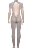 Grey Sexy Solid Color See-Through Backless O Neck Skinny Jumpsuits