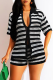 Black Casual Stripe Buckle Contrast Turndown Collar Short Sleeve Two Pieces