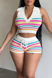 White Casual Stripe Strap Design Turndown Collar Sleeveless Two Pieces