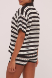 Black Casual Stripe Buckle Contrast Turndown Collar Short Sleeve Two Pieces