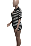 Black Casual Stripe Buckle Contrast Turndown Collar Short Sleeve Two Pieces