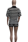 Black Casual Stripe Buckle Contrast Turndown Collar Short Sleeve Two Pieces