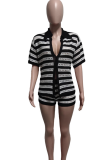 Black Casual Stripe Buckle Contrast Turndown Collar Short Sleeve Two Pieces
