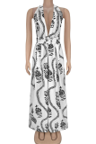 Green Casual Print Backless Halter Loose Jumpsuits
