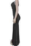 Black Elegant Solid Color See-Through Oblique Collar Long Dresses