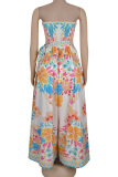 Blue Casual Print Pocket Strapless Loose Jumpsuits
