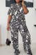 White Casual Print Buckle Turndown Collar Short Sleeve Two Pieces