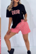 Red Casual Letters Pocket Embroidery O Neck Short Sleeve Two Pieces